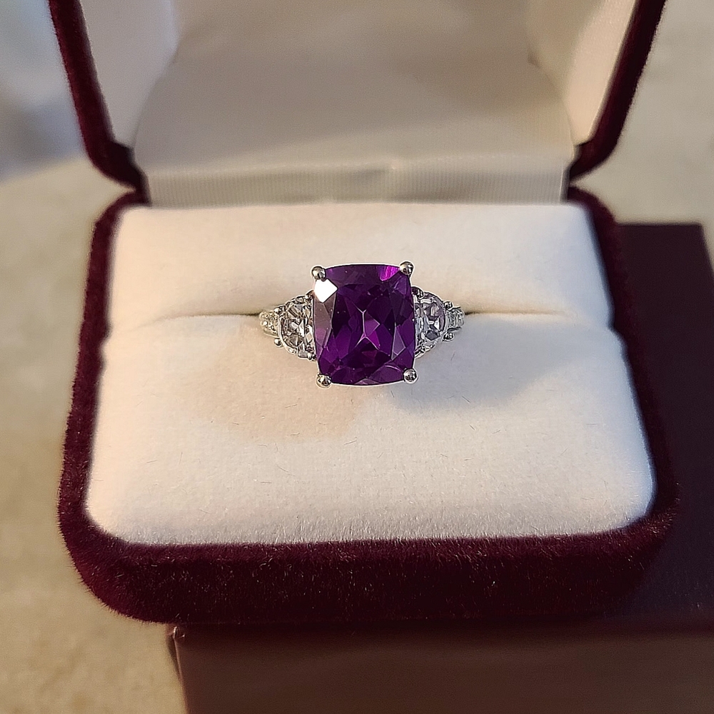 Sz 7 Helzberg Sterling Silver Purple Sapphire, White Topaz Ring